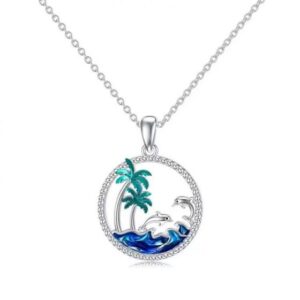 Ocean Island Dolphin Palm Tree 925 Sterling Silver Pendant with Blue Waves and Green Palm Leaves Enamel Decoration in Circular Hollow Form Necklace
