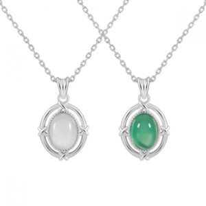 Elegant Geometric Oval Natural Moonstone and Green Agate 925 Sterling Silver Necklace for Women with Adjustable Chain